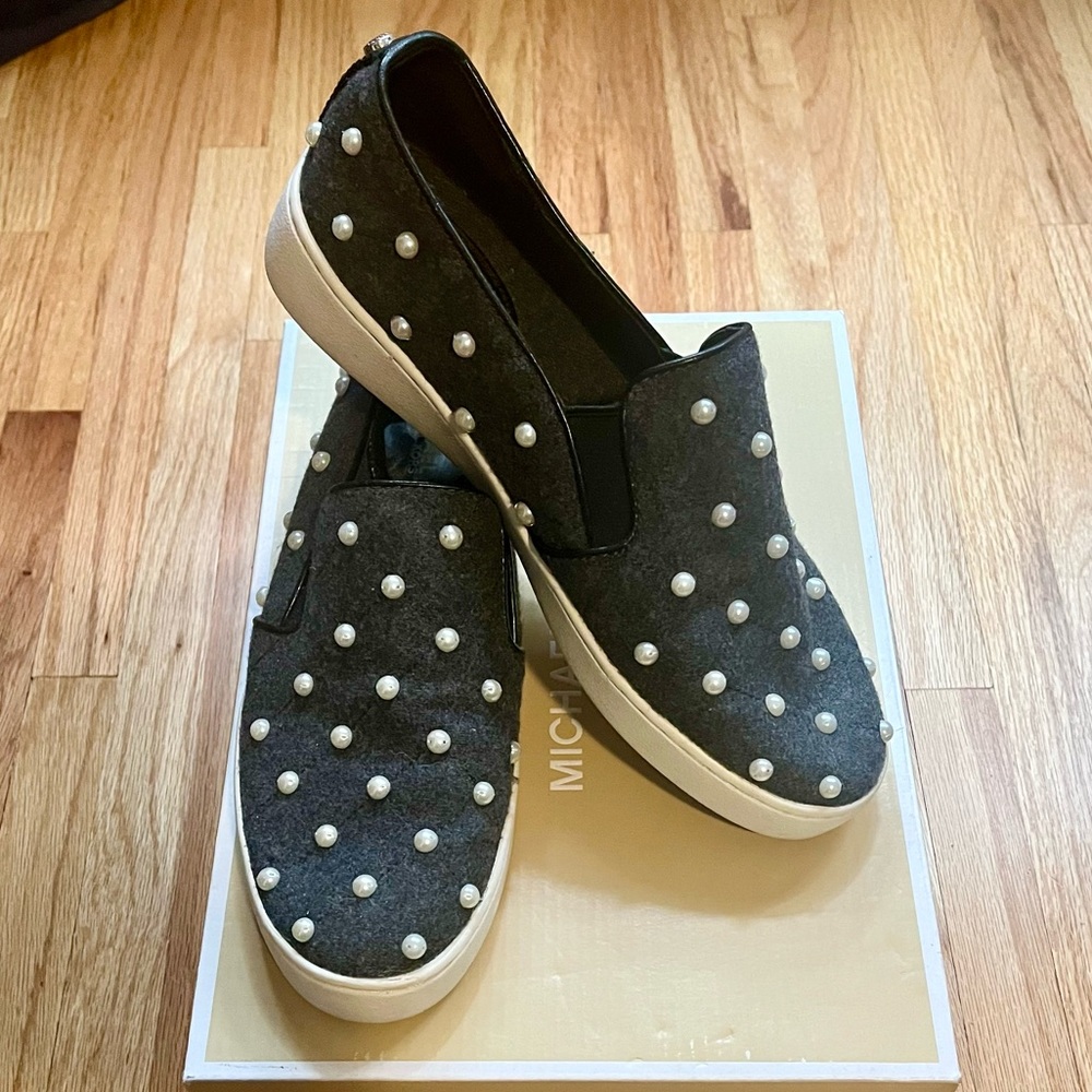 Michael Kors Gray Slip-On Sneakers with Pearls